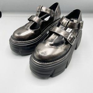 NEW Steve Madden Black Leather Metallic Chunky Mary Jane Style Loafers
